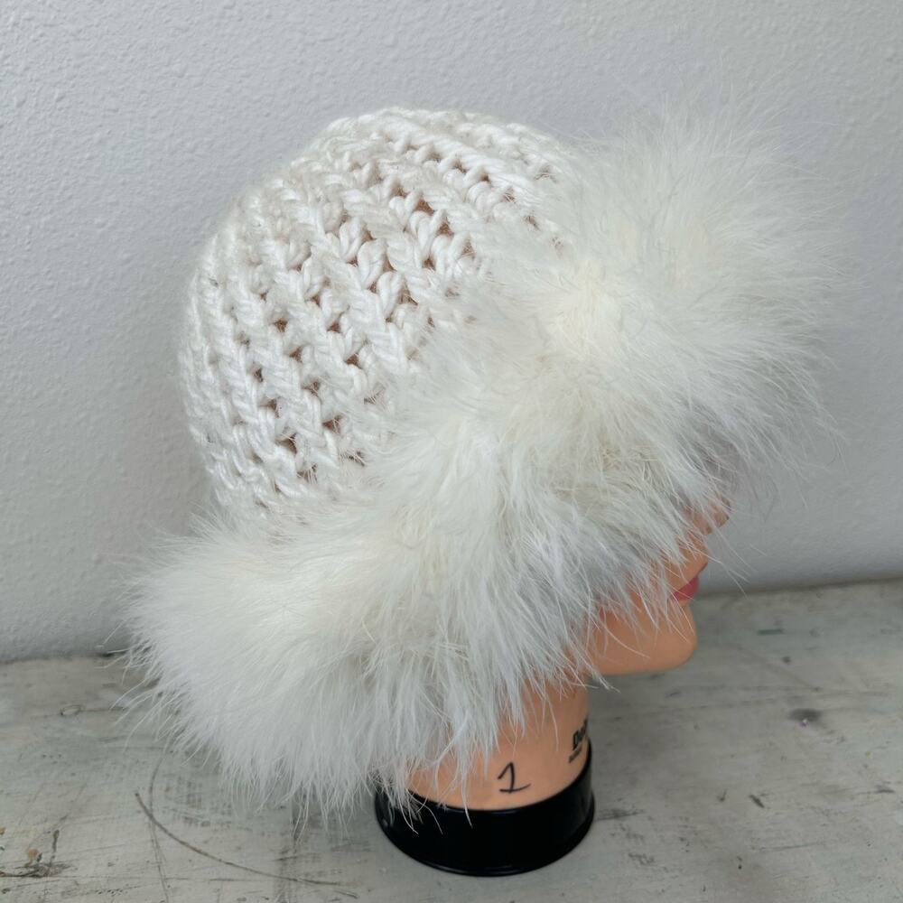 Vintage Chunky Knit Beanie Hat Feather Trim Y2K Winter Snow Bunny ski white - Picture 5 of 16